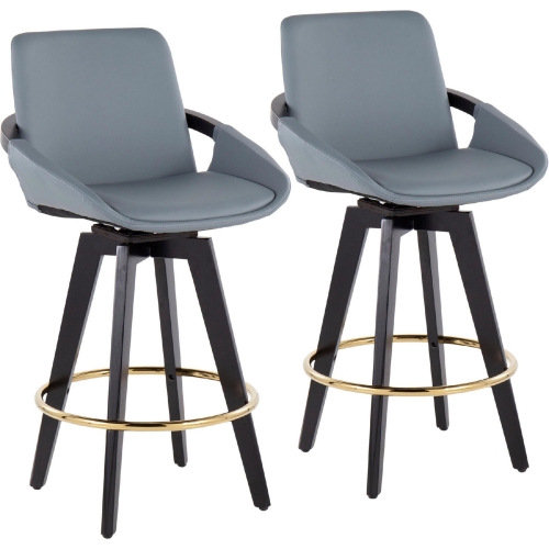 Cosmo 26" Swivel Counter Stool in Grey Leatherette, Black Wood & Gold (Set of 2)